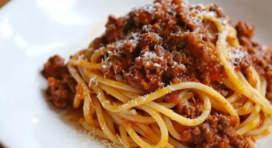 Pyszny sos do makaronu bolognese, obficie polany na spaghetti, posypany parmezanem.