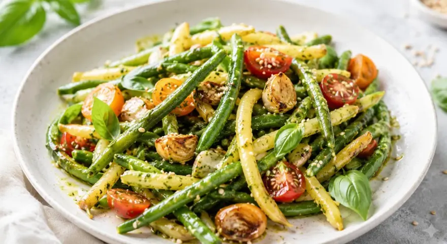 Kolorowe dania z fasolki szparagowej żółtej i zielonej, z pomidorkami koktajlowymi, czosnkiem i bazylią, polane sosem pesto.