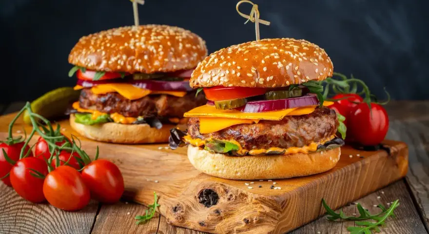 Dwa soczyste burgery z wołowiny, idealne na grilla. Idealne jakie mięso na burgera? Grubo mielona wołowina!