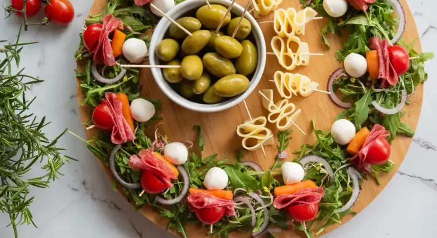 Letnie sałatki na patyczkach: pomidorki, mozzarellę, salami i rukolę ułożone na desce.
