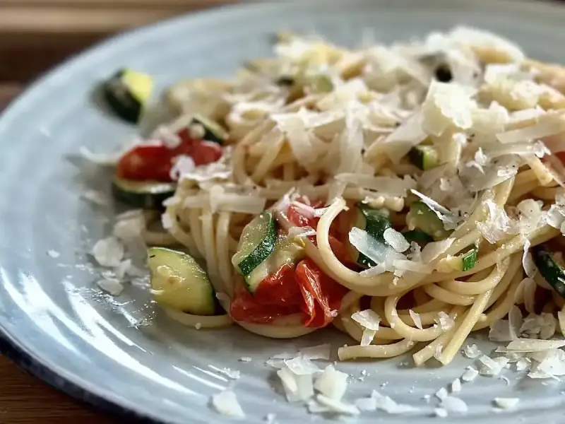 Pyszny makaron z pomidorkami koktajlowymi, cukinią i parmezanem. Idealny letni posiłek.